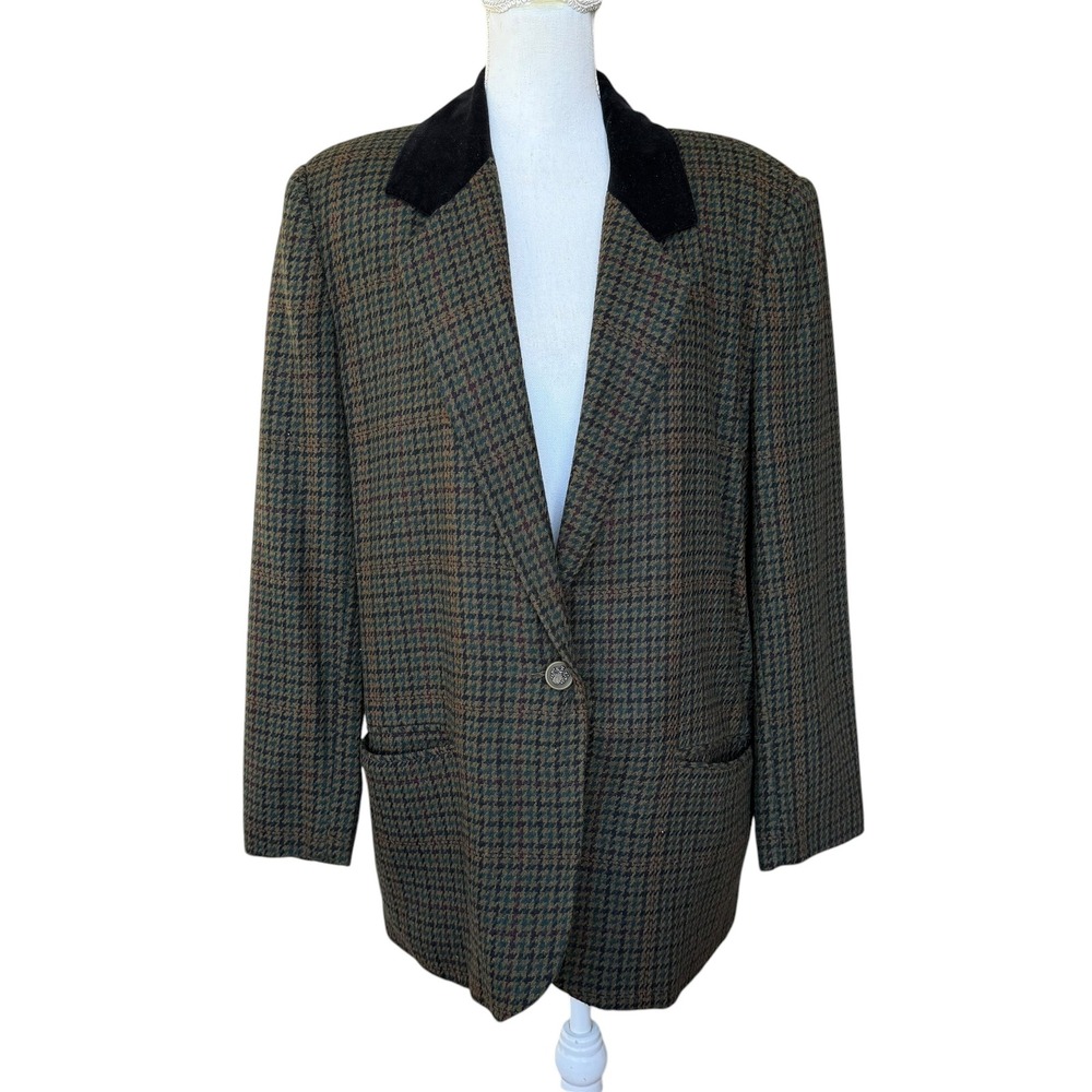 Casablanca Vintage Houndstooth Blazer Velvet Collar Green Brown Wool Mix Size 12
